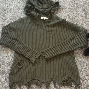 Olive Distressed Ribbed Hooded Sweater